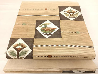 平和屋着物◎太鼓柄袋帯　紬地　花鳥文　正絹　逸品　AABD7199yx
