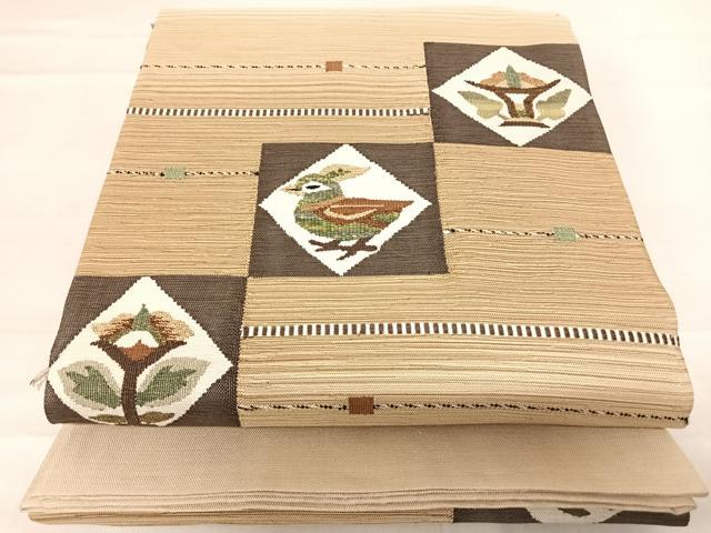平和屋着物◎太鼓柄袋帯　紬地　花鳥文　正絹　逸品　AABD7199yx