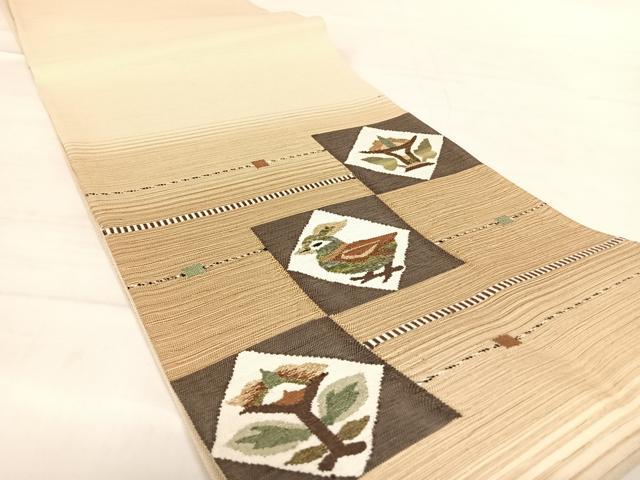 平和屋着物◎太鼓柄袋帯　紬地　花鳥文　正絹　逸品　AABD7199yx