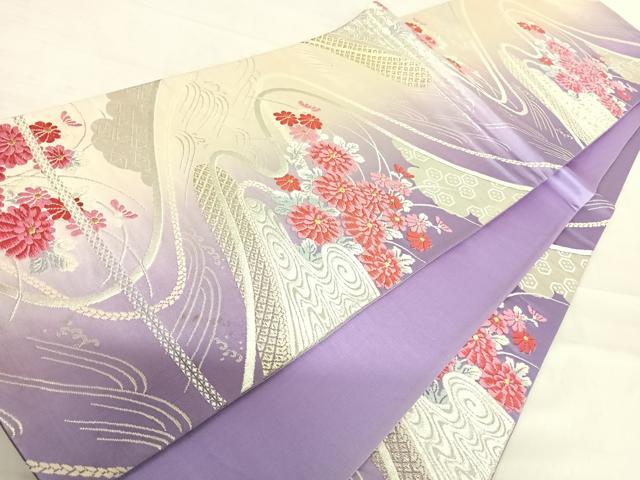 平和屋着物◎六通柄袋帯　唐織　流水花文　金銀糸　正絹　逸品　AABD7201yx