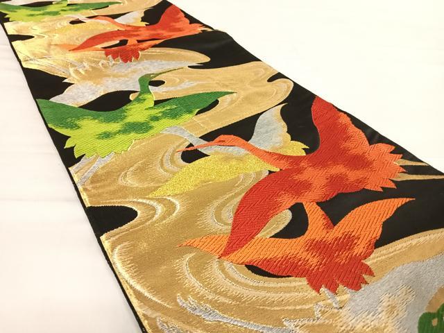 平和屋着物◎六通柄京袋帯　唐織　流水飛鶴文　黒地　金銀糸　正絹　逸品　AABD7204yx