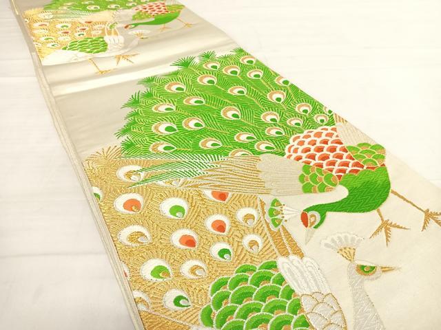 試着程度極美品❣️高級六通 袋帯 　花柄孔雀模様　正絹 正絹 唐織 六通柄袋帯 吉祥四季花文様 孔雀緑色 金銀糸 逸品 極美品