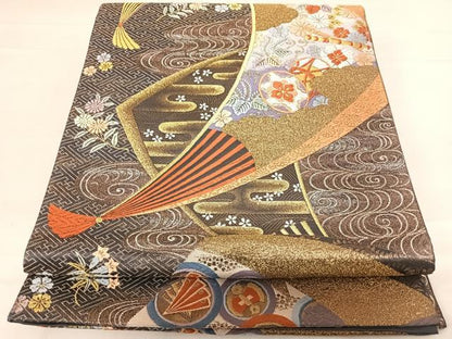 平和屋着物◎六通柄袋帯　唐織　観世水扇面文　金糸　正絹　逸品　AABD7214yx