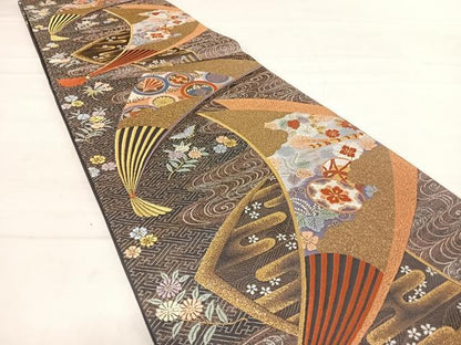 平和屋着物◎六通柄袋帯　唐織　観世水扇面文　金糸　正絹　逸品　AABD7214yx