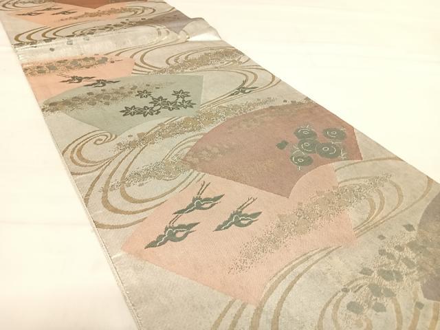 平和屋着物◎六通柄袋帯 流水花文 銀糸 正絹 逸品 AAAZ8044cs