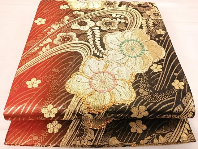 平和屋着物◎六通柄袋帯 葡萄蔦の葉文 金糸 正絹 逸品