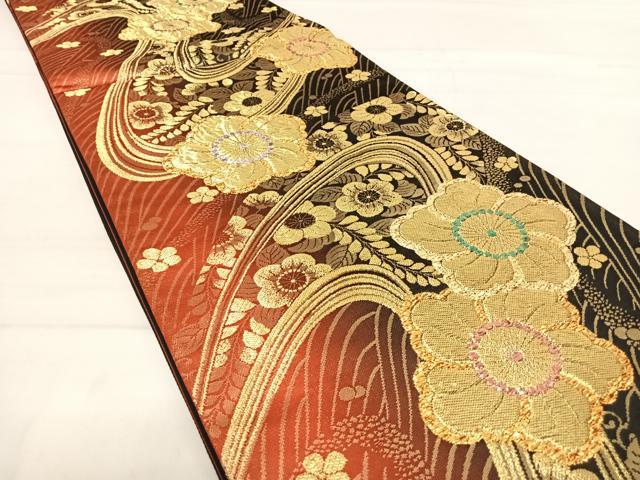 A 43美品　袋帯 六通柄 焦茶 横段 モダン柄金糸波　着物 A 43美品 袋帯 六通柄 焦茶 横段 モダン柄金糸波 着物