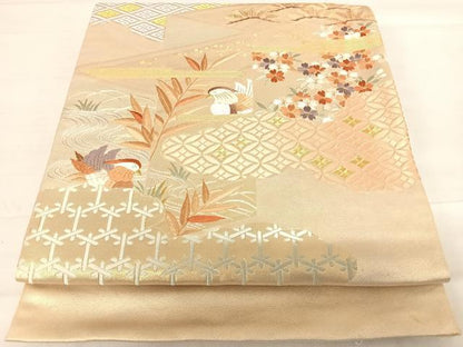 平和屋着物◎太鼓柄袋帯　唐織　刺繍　鴛鴦花文　金糸　正絹　逸品　AABD7240yx