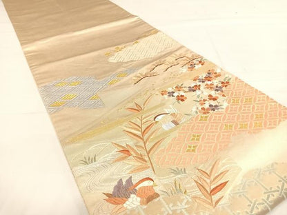 平和屋着物◎太鼓柄袋帯　唐織　刺繍　鴛鴦花文　金糸　正絹　逸品　AABD7240yx