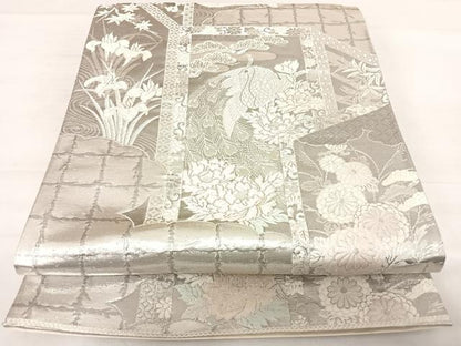 平和屋着物◎六通柄袋帯　唐織　九百プラチナ弐重織　花鳥文　正絹　逸品　AABD7241yx