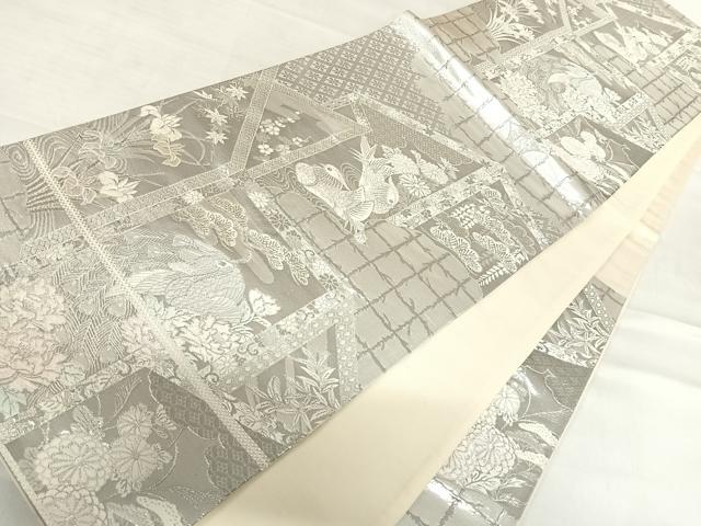 平和屋着物◎六通柄袋帯　唐織　九百プラチナ弐重織　花鳥文　正絹　逸品　AABD7241yx