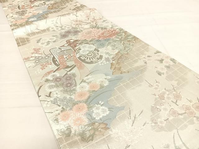 平和屋着物◎本佐賀錦　六通柄袋帯　雲取り御所車文　プラチナ　正絹　逸品　AABD7242yx