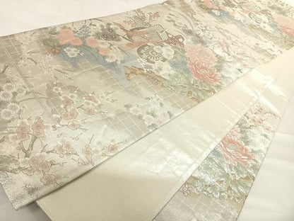 平和屋着物◎本佐賀錦　六通柄袋帯　雲取り御所車文　プラチナ　正絹　逸品　AABD7242yx