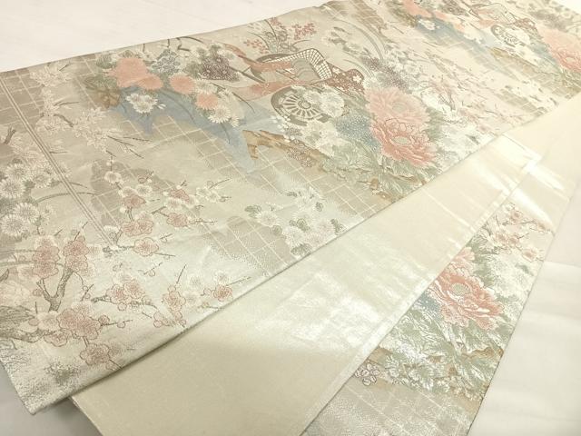 平和屋着物◎本佐賀錦　六通柄袋帯　雲取り御所車文　プラチナ　正絹　逸品　AABD7242yx