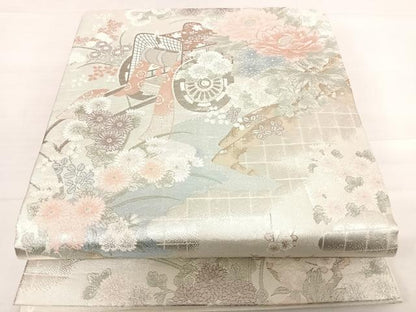 平和屋着物◎本佐賀錦　六通柄袋帯　雲取り御所車文　プラチナ　正絹　逸品　AABD7242yx