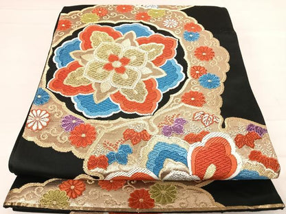 平和屋着物◎六通柄袋帯　唐織　正倉院花文　黒地　金銀糸　正絹　逸品　AABD7246yx