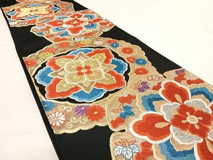 平和屋着物◎六通柄袋帯　唐織　正倉院花文　黒地　金銀糸　正絹　逸品　AABD7246yx