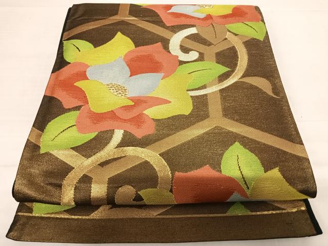 平和屋着物◎六通柄袋帯　花唐草文　黒地　金糸　正絹　逸品　AABD7247yx