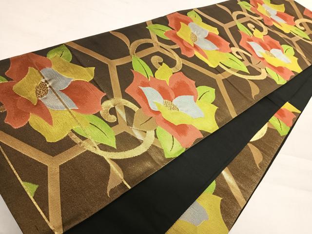 平和屋着物◎六通柄袋帯　花唐草文　黒地　金糸　正絹　逸品　AABD7247yx