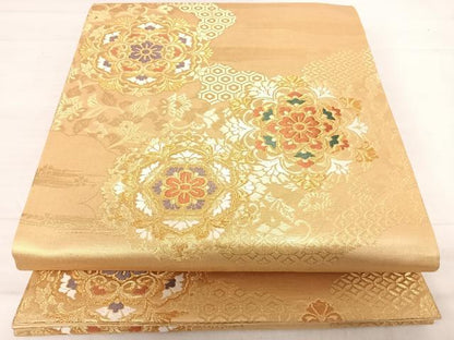平和屋着物◎六通柄袋帯　唐織　正倉院花文　金糸　正絹　逸品　AABD7248yx