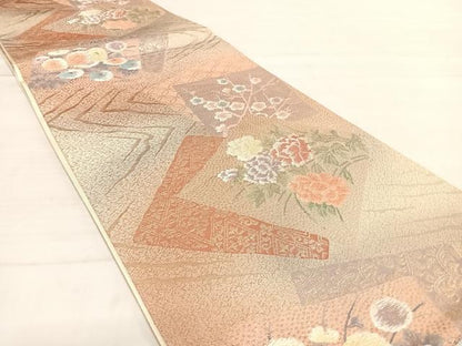平和屋着物◎六通柄袋帯　唐織　色紙花文　金糸　正絹　逸品　AABD7251yx