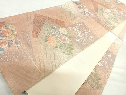 平和屋着物◎六通柄袋帯　唐織　色紙花文　金糸　正絹　逸品　AABD7251yx