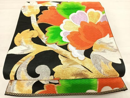 平和屋着物◎六通柄袋帯　唐織　更紗花文　黒地　金銀糸　正絹　逸品　AABD7256yx
