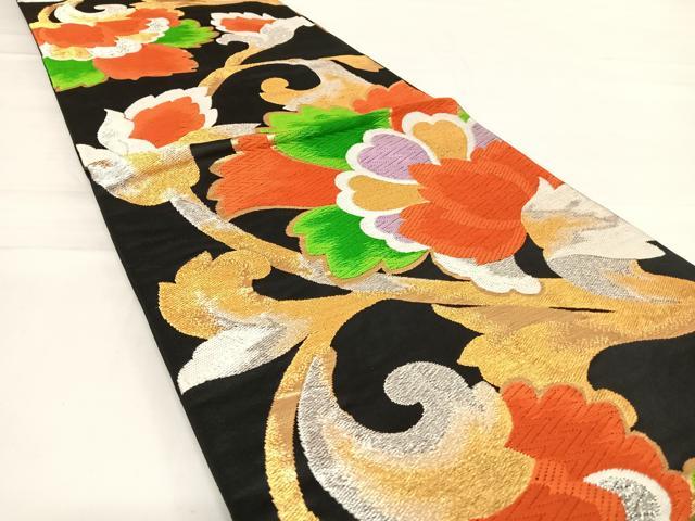 平和屋着物◎六通柄袋帯　唐織　更紗花文　黒地　金銀糸　正絹　逸品　AABD7256yx