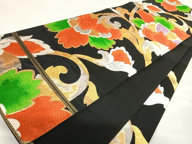 平和屋着物◎六通柄袋帯　唐織　更紗花文　黒地　金銀糸　正絹　逸品　AABD7256yx