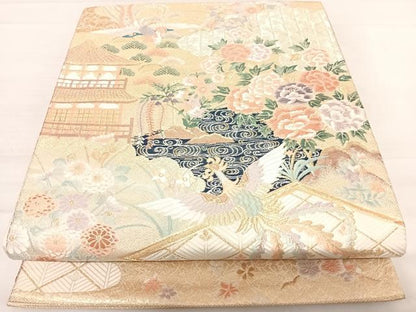 平和屋着物◎六通柄袋帯　唐織　玉庭瑞鳥文　金糸　正絹　逸品　AABD7260yx