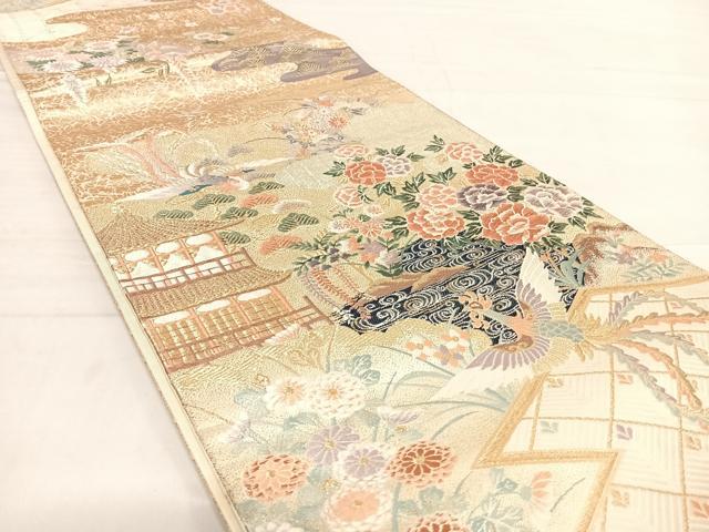 平和屋着物◎六通柄袋帯　唐織　玉庭瑞鳥文　金糸　正絹　逸品　AABD7260yx
