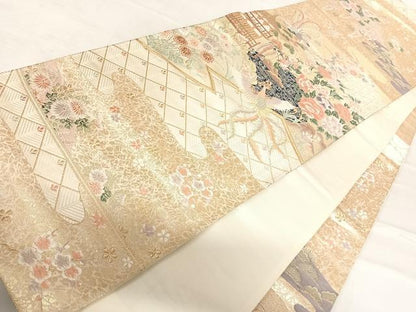 平和屋着物◎六通柄袋帯　唐織　玉庭瑞鳥文　金糸　正絹　逸品　AABD7260yx