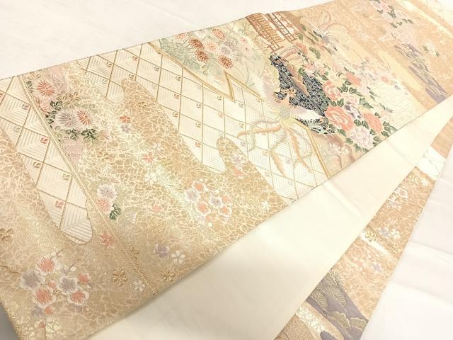 平和屋着物◎六通柄袋帯　唐織　玉庭瑞鳥文　金糸　正絹　逸品　AABD7260yx