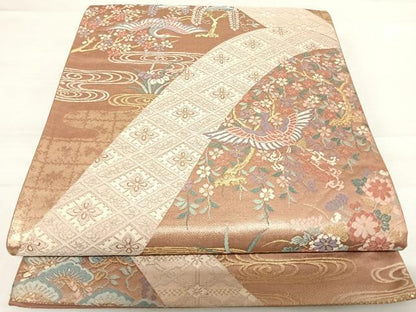 平和屋着物◎六通柄袋帯　飛鶴花文　金糸　正絹　逸品　AABD7269yx