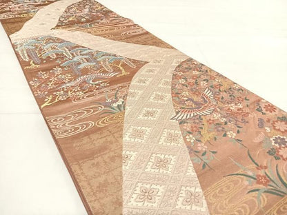 平和屋着物◎六通柄袋帯　飛鶴花文　金糸　正絹　逸品　AABD7269yx