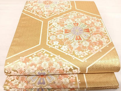 平和屋着物◎六通柄袋帯　唐織　亀甲花文　金糸　正絹　逸品　AABD7273yx