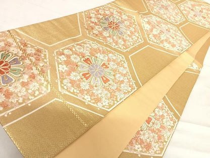 平和屋着物◎六通柄袋帯　唐織　亀甲花文　金糸　正絹　逸品　AABD7273yx