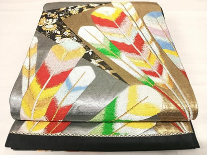 平和屋着物◎六通柄袋帯　矢羽文　黒地　金銀糸　正絹　逸品　AABD7278yx