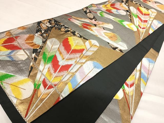 平和屋着物◎六通柄袋帯　矢羽文　黒地　金銀糸　正絹　逸品　AABD7278yx