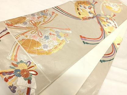 平和屋着物◎六通柄袋帯　唐織　桧扇胡蝶文　金銀糸　正絹　逸品　AABD7280yx