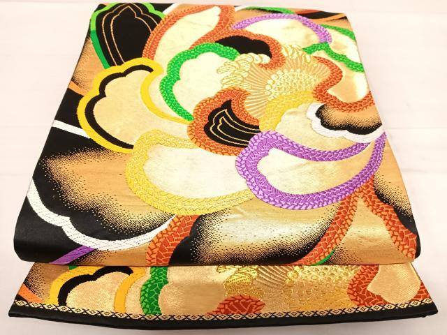 平和屋着物◎六通柄袋帯　唐織　洋花文　黒地　金糸　正絹　逸品　AABD7284yx