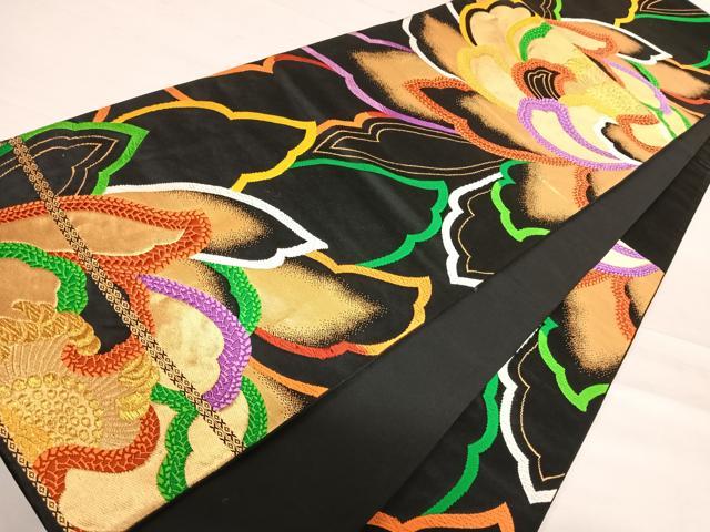 平和屋着物◎六通柄袋帯　唐織　洋花文　黒地　金糸　正絹　逸品　AABD7284yx