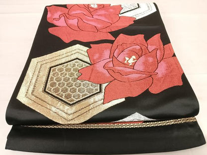 平和屋着物◎六通柄袋帯　亀甲花文　黒地　金銀糸　正絹　逸品　AABD7285yx