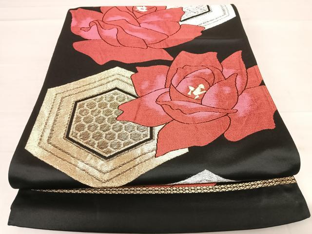 平和屋着物◎六通柄袋帯　亀甲花文　黒地　金銀糸　正絹　逸品　AABD7285yx
