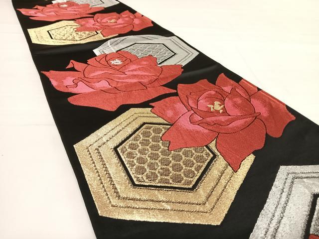 平和屋着物◎六通柄袋帯　亀甲花文　黒地　金銀糸　正絹　逸品　AABD7285yx