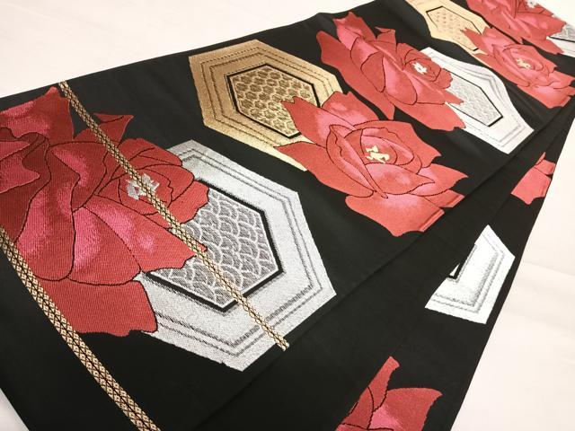平和屋着物◎六通柄袋帯　亀甲花文　黒地　金銀糸　正絹　逸品　AABD7285yx