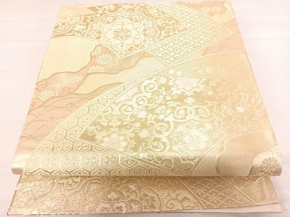 平和屋着物◎六通柄袋帯 道長地紙花文 金糸 正絹 逸品 AABD7292yx