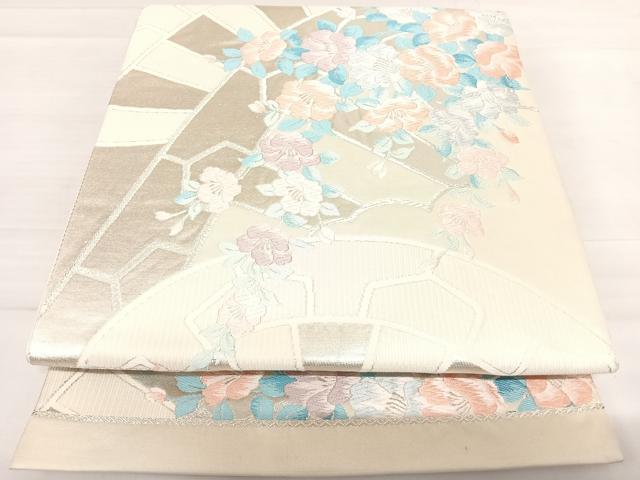 平和屋着物◎六通柄袋帯 唐織 源氏車花文 銀糸 正絹 逸品 AABD7301yx