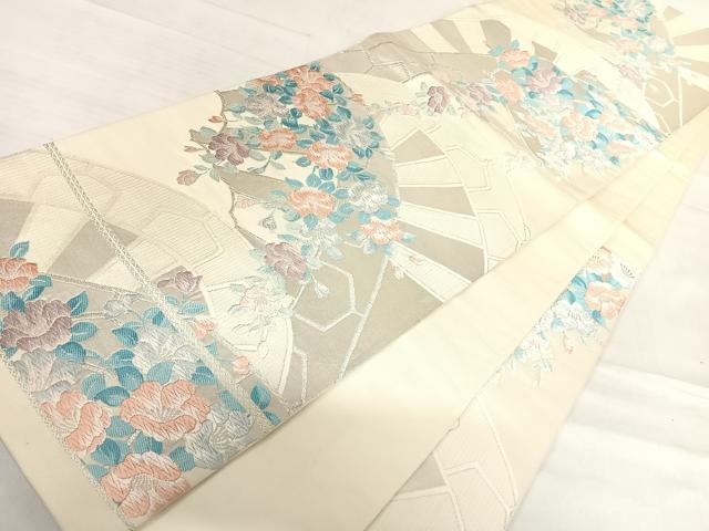 平和屋着物◎六通柄袋帯 唐織 源氏車花文 銀糸 正絹 逸品 AABD7301yx