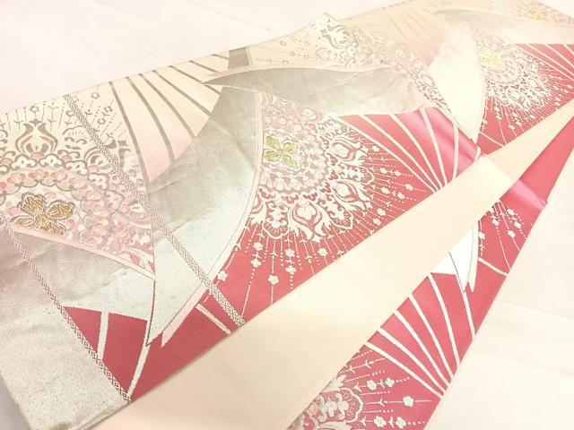 平和屋着物◎西陣 六通柄袋帯 唐織 銀つづれ 扇面花文 金銀糸 正絹 逸品 AABD7304yx